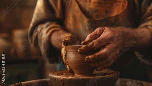 CloseUp of Potter's Hands Shaping Clay Pot on Pottery Wheel in Artisan Workshop photo