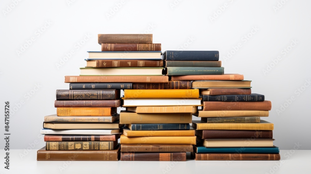 Stack of old and new books arranged in a pyramid shape against a white background, representing knowledge and education. Stack of old and new books arranged in a pyramid shape against a white background, representing knowledge and education.