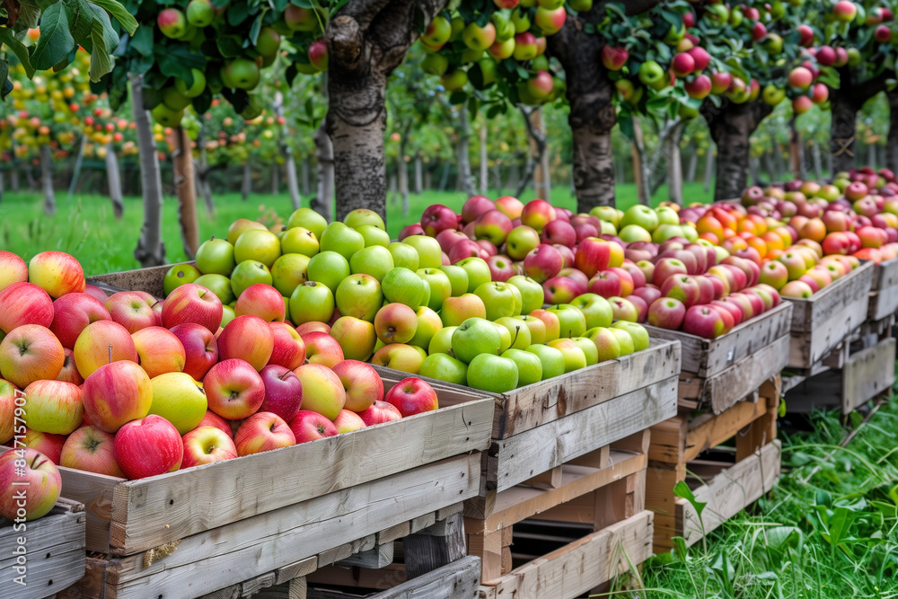 Apple varieties in wooden crates at orchard Apple varieties in wooden crates at orchard