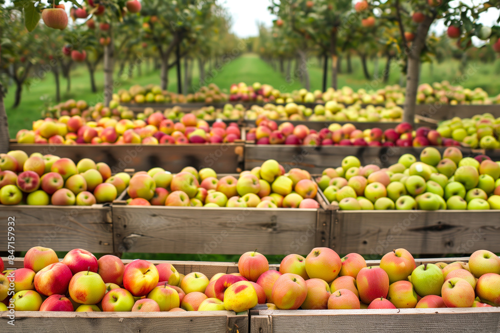 Assorted apple varieties in crates at the orchard Assorted apple varieties in crates at the orchard