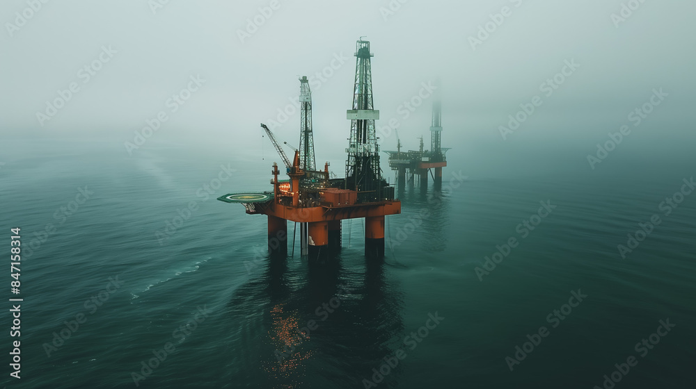 An offshore oil platform in the ocean, seen from a distance, resembling a cinematic shot. An offshore oil platform in the ocean, seen from a distance, resembling a cinematic shot.