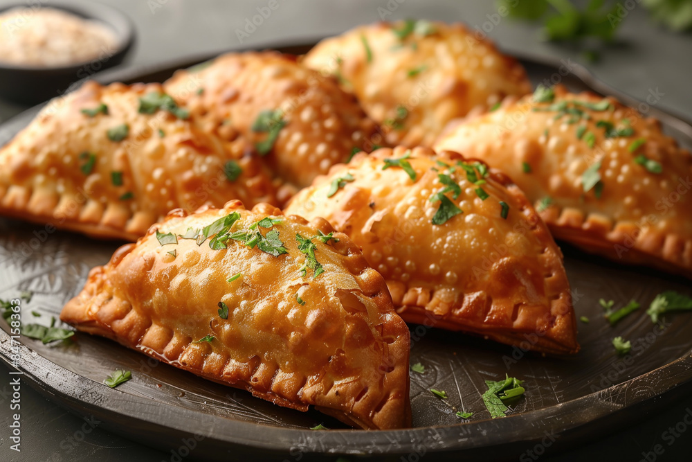 Garnished golden brown empanadas Garnished golden brown empanadas