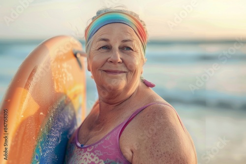 Elderly Woman with Surfboard Smiling on Beach at Sunset photo