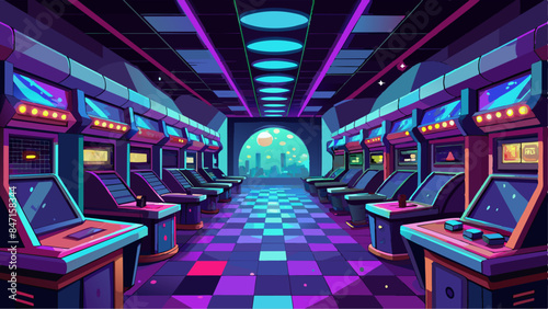 A neon-lit room with a row of video game machines. The room is brightly lit and has a futuristic feel to it