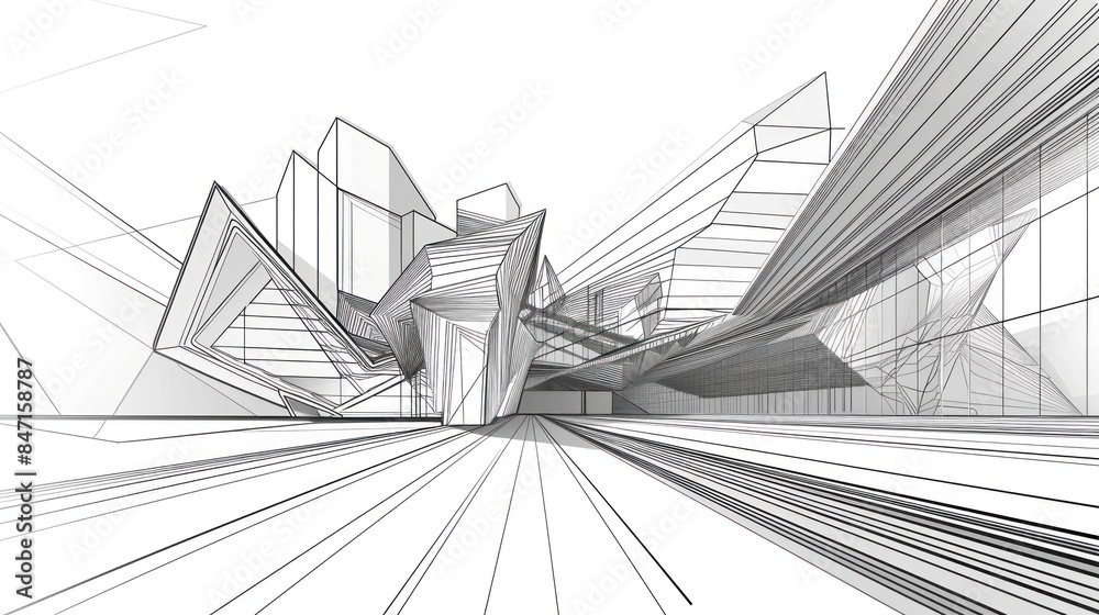 Fototapeta premium Modern abstract urban line drawing background with 3D illustration of architecture building in abstract expressionist style