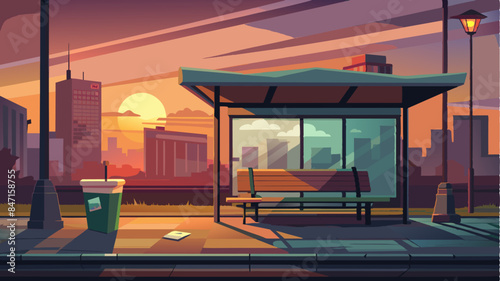 A city street with a bus stop and a bench. The sun is setting and the sky is orange