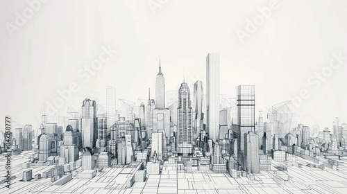 Modern abstract urban line drawing background with 3D illustration of minimalistic cityscape in abstract expressionist style