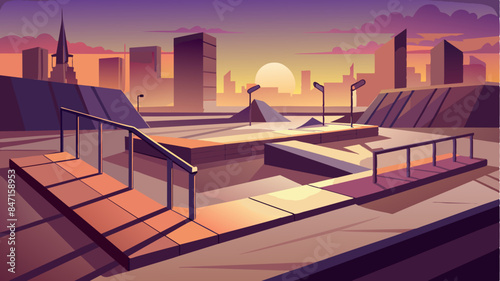 A skate park with a city skyline in the background. The sky is orange and the sun is setting