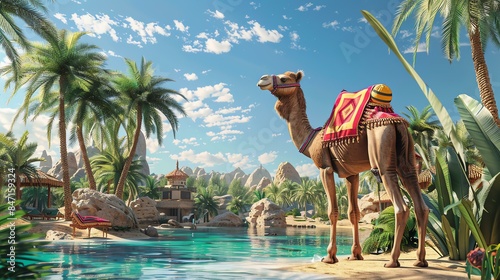A camel standing in a desert oasis. The camel is wearing a red and white saddle blanket with a yellow pom-pom. photo