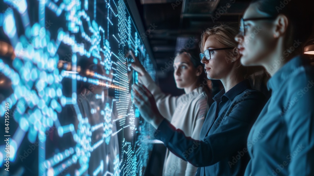 A group of people standing in front of a large screen A group of people standing in front of a large screen