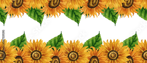 Watercolor sunflower seamless border. Floral banner with yellow flowers. Summer floral composition. Autumn flowers arrangement. Hand drawn botanical illustration for postcard, invitation, greeting.