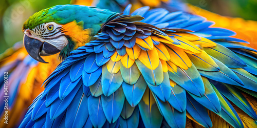 Close-Up of Vibrant Blue and Gold Macaw Feathers