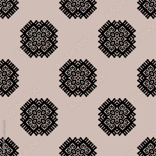 Decorative Asian folk seamless pattern. Repeating background in nomad style. Colored fabric swatch with surface design, minimal print on wallpaper, fabrics, gift wrap, templates. Vector.