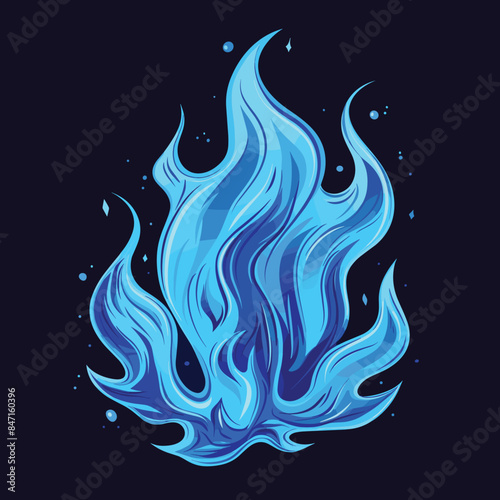 Blue flames leaping against dark background, vibrant blue fire illustration. Graphic fire design, cool hues, energetic abstract flame artwork. Mystical flames, fantasy style illustration isolated
