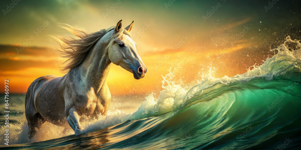 Majestic white horse with a flowing mane appears to gallop on top of ocean waves.Scene is set against a vibrant sunset that bathes the image in a warm,golden light,highlighting the spray of the sea.AI Majestic white horse with a flowing mane appears to gallop on top of ocean waves.Scene is set against a vibrant sunset that bathes the image in a warm,golden light,highlighting the spray of the sea.AI