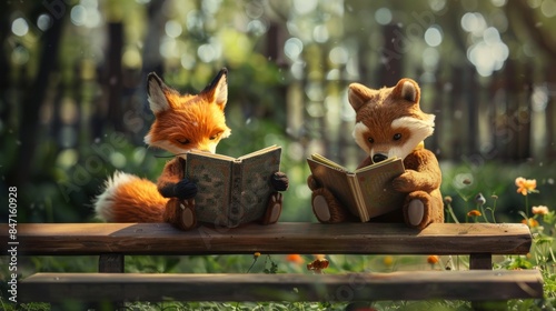 Two stuffed animals sitting on a bench reading a book