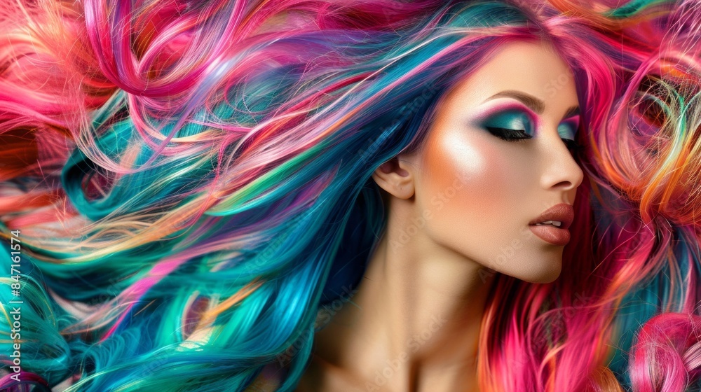 A woman with colorful hair and makeup A woman with colorful hair and makeup