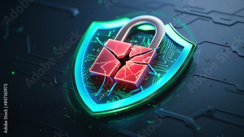 holographic broken pad lock with shield symbolizing cyber threat glowing blue green accents digital circuitry

