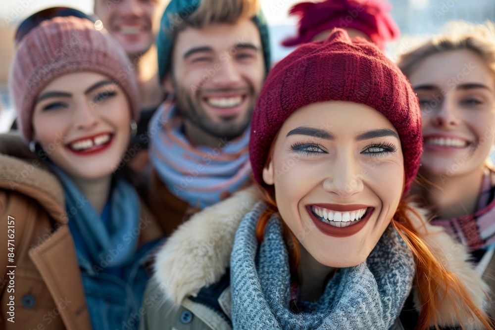 Portrait of a group of friends in winter clothes smiling and looking at camera Portrait of a group of friends in winter clothes smiling and looking at camera