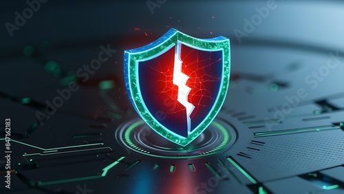 holographic broken shield symbolizing cyber threat glowing blue green accents digital circuitry

