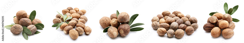 Collage of shea nuts on white background Collage of shea nuts on white background