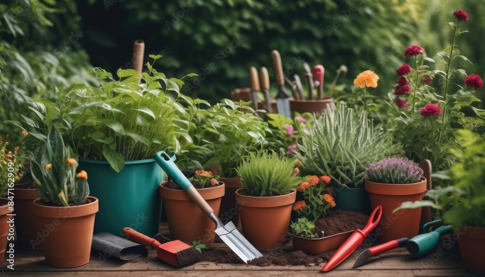 Fototapeta premium Bright potted flowers and green plants with gardening tools, showcasing a lively and well-tended garden, perfect for any plant lover or horticulture enthusiast
