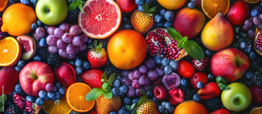Fruit blend cascading into vibrant, juicy mix Fruit blend cascading into vibrant, juicy mix