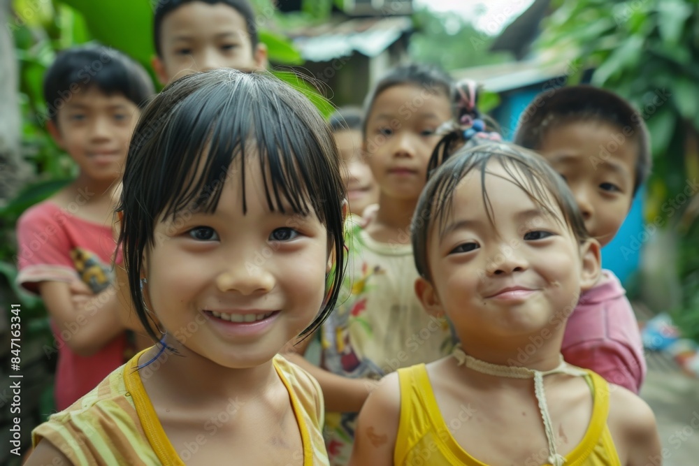 Group of asian children smiling and looking at camera in the park Group of asian children smiling and looking at camera in the park