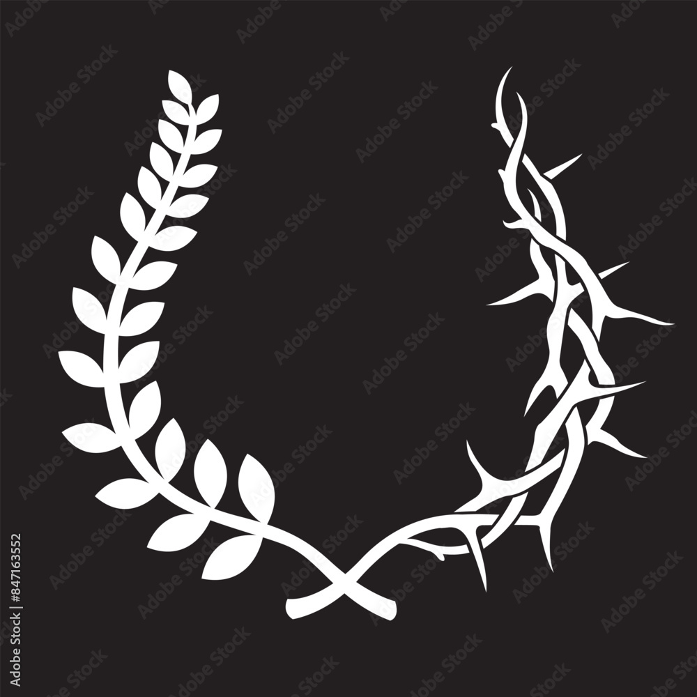 white crown of thorns and olive branch isolated on black background white crown of thorns and olive branch isolated on black background
