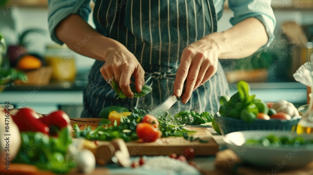 A chef is cooking a dish of spaghetti with tomatoes using natural ingredients in a kitchen. The plate will be served on tableware for sharing the delicious cuisine AIG50