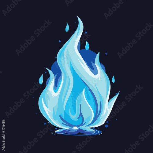 Blue fiery flames illustration vibrant cool hues glowing against dark background. Stylized blue fire graphic design element energy fantasy game asset. Magic flame cartoon style elemental icon