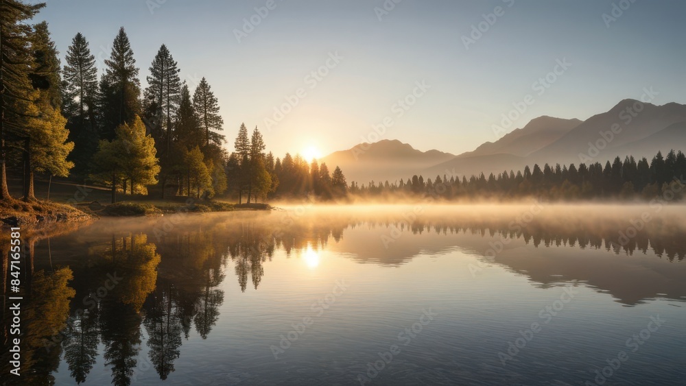 Hyperrealistic Style: Serene Sunrise Over Misty Lake with Reflections of Trees and Mountains Hyperrealistic Style: Serene Sunrise Over Misty Lake with Reflections of Trees and Mountains