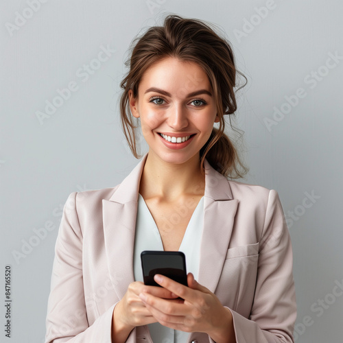 Smiling Young Woman in Business Suit . Woman Using a smartphone and smiling. She's wearing a grey suit. Isolated on white background. 