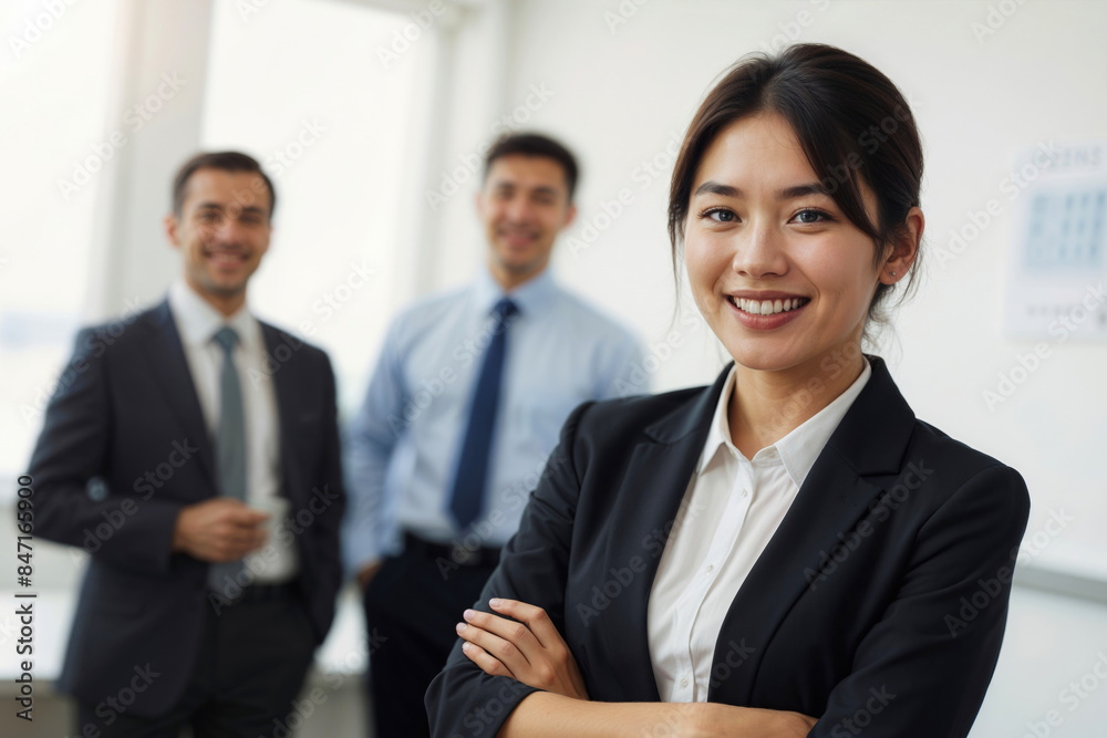 Happy Asian businesswoman in a business suit is smiling and posing for a photo with two men in suits. Concept of professionalism and confidence Happy Asian businesswoman in a business suit is smiling and posing for a photo with two men in suits. Concept of professionalism and confidence