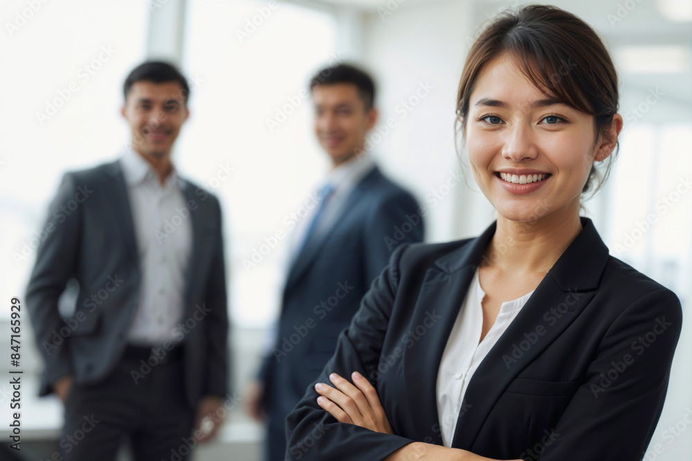 Portrait of happy Asian businesswoman manager in a business suit is smiling at the camera. She is surrounded by two men in suits Portrait of happy Asian businesswoman manager in a business suit is smiling at the camera. She is surrounded by two men in suits