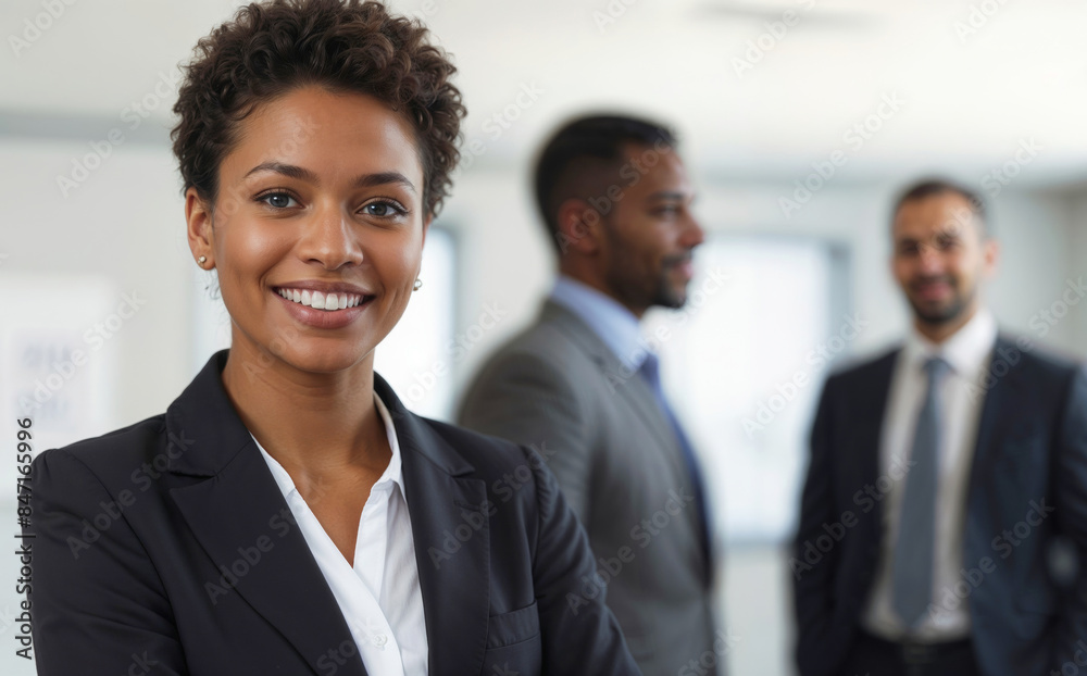 Successful happy Afro businesswoman manager in a business suit is smiling and posing for a photo with two men in suits. Concept of professionalism Successful happy Afro businesswoman manager in a business suit is smiling and posing for a photo with two men in suits. Concept of professionalism