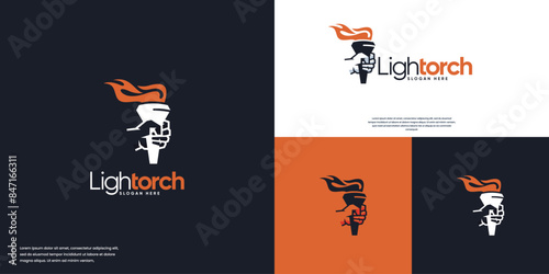 hand holding torch logo, victory symbol, logo design template.