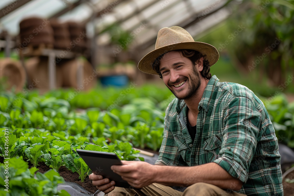 Man with Tablet in Agricultural Field - Modern Farming and Technology Man with Tablet in Agricultural Field - Modern Farming and Technology