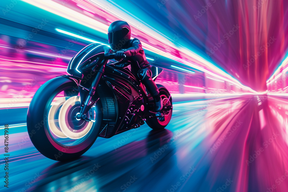 A futuristic biker in black leather rides an electric motorcycle at high speed along a neon-lit road. Motion blur surrounds the scene, emphasizing the rapid movement and creating a