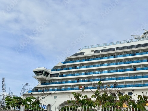 view of a cruise ship docked at the point a pitre cruise terminal in guadeloupe in the french west indies
