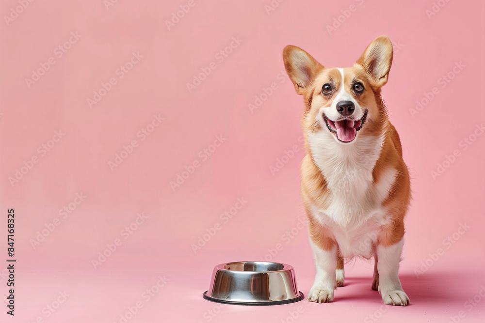 A delighted dog stands next to a dog food bowl, captured on a solid studio background. The dog's playful stance and bright eyes convey enthusiasm and happiness, making the scene in A delighted dog stands next to a dog food bowl, captured on a solid studio background. The dog's playful stance and bright eyes convey enthusiasm and happiness, making the scene in