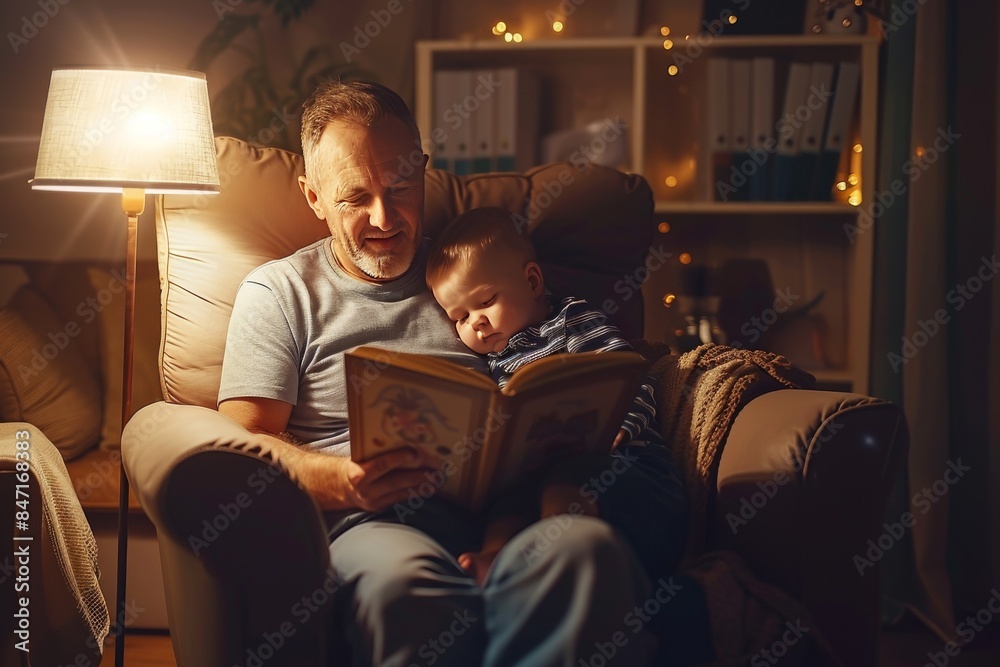 Grandfather Reading Bedtime Story to Grandson in Cozy Living Room