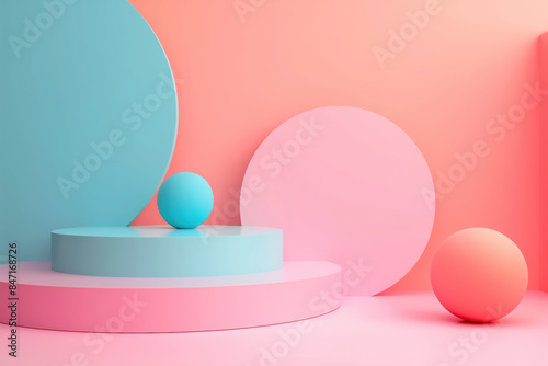 Blue and pink spheres balancing on pastel podiums in abstract studio