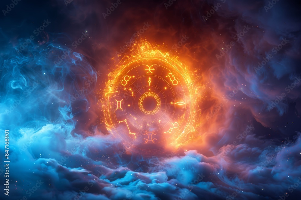 Fototapeta premium Flaming Zodiac Wheel in Cosmic Clouds