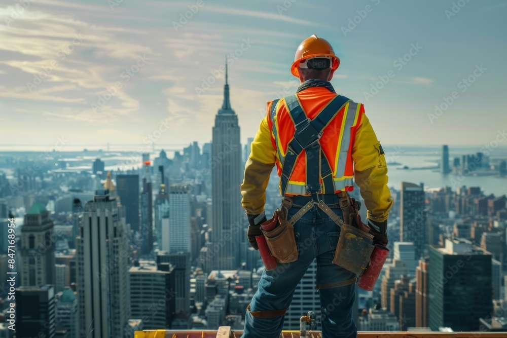 Construction Worker Looking Over New York City Skyline Construction Worker Looking Over New York City Skyline