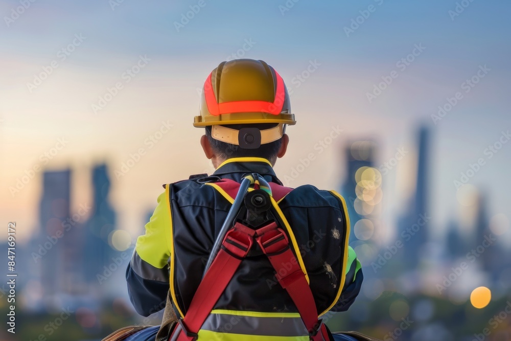 Obraz premium Industrial Worker in Safety Gear Looking at Cityscape at Dusk