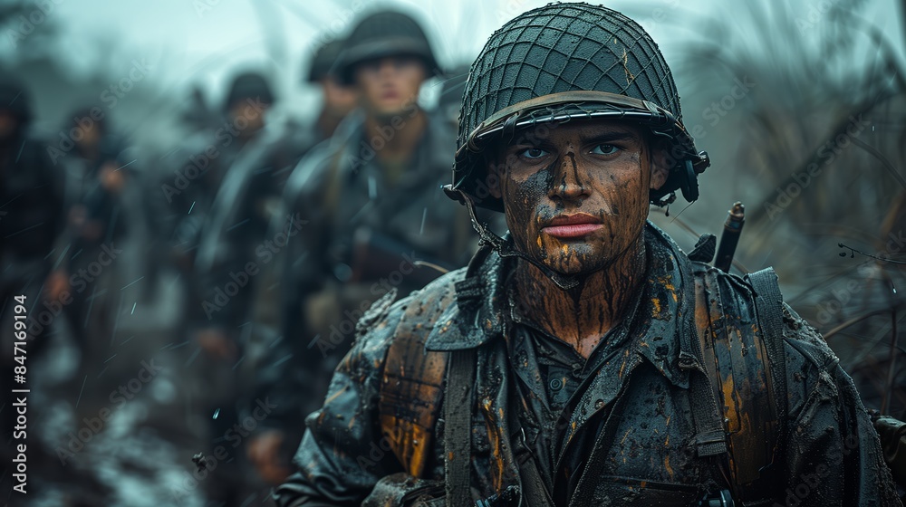 Close Up of Mud-Covered Soldier During Battlefield Advance Close Up of Mud-Covered Soldier During Battlefield Advance