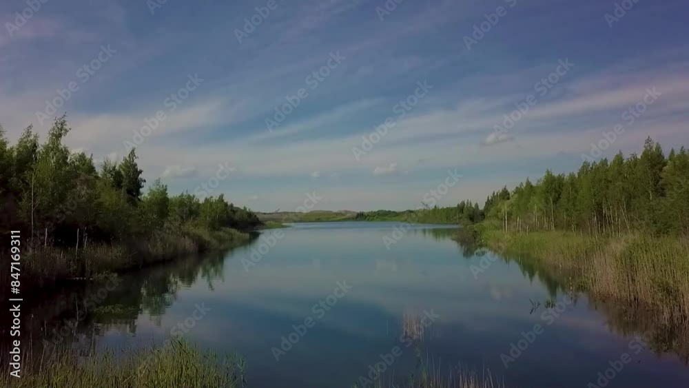 A serene lake under a clear sky surrounded by nature, perfect for relaxation and tranquility A serene lake under a clear sky surrounded by nature, perfect for relaxation and tranquility