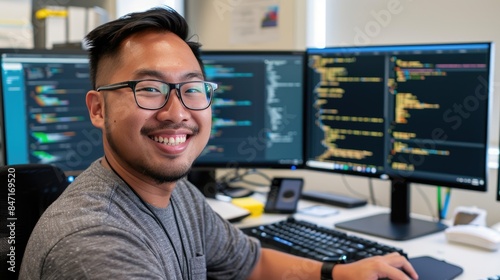 a smiling software developer at his desk, surrounded by computer monitors displaying code, in a wide-angle shot against a white office backdrop.