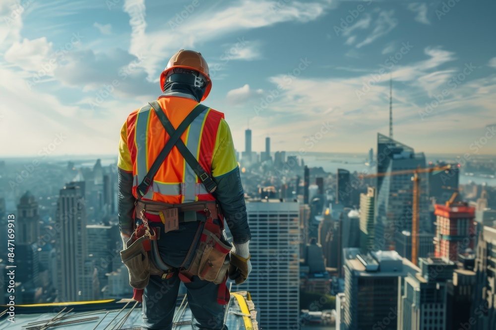 Construction Worker Looking Over Cityscape From High-Rise Building Construction Worker Looking Over Cityscape From High-Rise Building